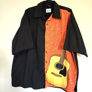 David Carey Guitar Print‎ Shirt Button Up Mens 2XL Black Brown Musical.D156